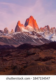 Monte Fitz Roy or Cerro Chalten aerial sunrise view. Fitz Roy is a mountain located near El Chalten, in the Southern Patagonia, on the border between Argentina and Chile.