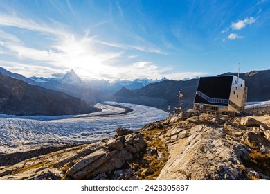 Monte rosa hut and the matterhorn, 4478m, zermatt, valais, swiss alps, switzerland, europe
