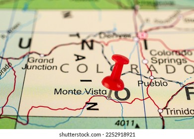 Monte Vista map. Close up of Monte Vista map with red pin. Map with red pin point of Monte Vista in USA, Colorado. - Shutterstock ID 2252918921