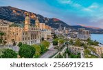 Montecarlo. Aerial view of Monaco skyline at sunset.