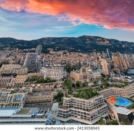 Montecarlo. Aerial view of Monaco skyline at sunset.