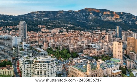 Montecarlo. Aerial view of Monaco skyline at sunset.