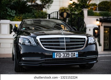 Monte-Carlo, Monaco 23 February 2019, Mercedes Benz S Class In Parking Slot By Hotel De Paris Transfer