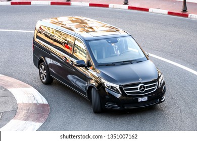 Monte-Carlo, Monaco - March 12, 2019:  Black Passenger Van Mercedes-Benz W447 Viano In The City Street.