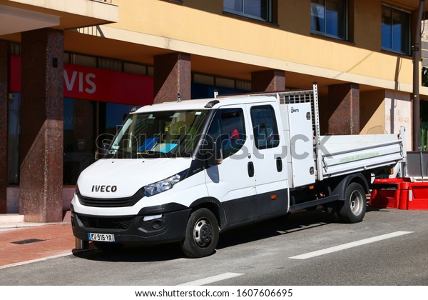 Monte-Carlo, Monaco - March 12, 2019:\
White cargo truck Iveco Daily 35-140 in the city\
street.
