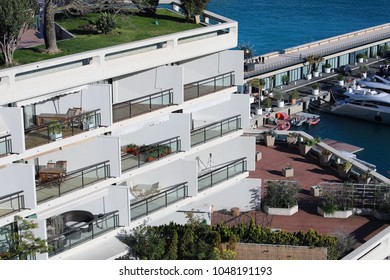 Monte-Carlo, Monaco - March 17, 2018: Luxury Seaview Balcony Apartment With Aerial View Of The Mediterranean Sea And Yachts In The Monte-Carlo Harbour, French Riviera