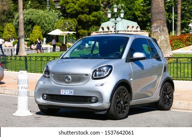 Monte-Carlo, Monaco - September 12, 2019: Silver Compact Car Smart Fortwo (A453) In The City Street Near The Casino.