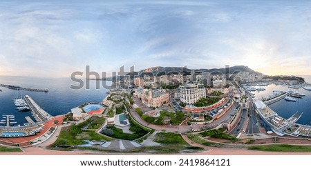 Montecarlo. Panoramic aerial view of Monaco skyline at sunset. 360 degrees spherical images