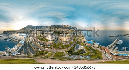 Montecarlo. Panoramic aerial view of Monaco skyline at sunset. 360 degrees spherical images