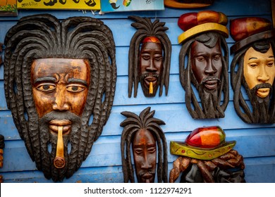 Montego Bay, Jamaica - June 04 2015: Wall Art Wood Carvings On Display For Sale At A Local Craft Market In Montego Bay, Jamaica.