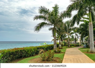 Montego Bay, Jamaica - June 04 2015: Coconut Palm Trees Inside The Old Hospital Park In Montego Bay City With Caucasian Tourists/people Enjoying Water Trampoline Activities On Ocean At Margaritaville.