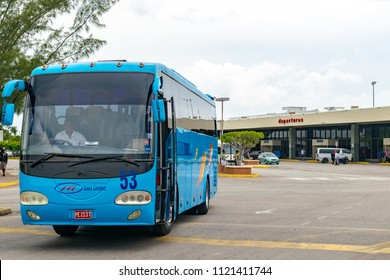 Montego Bay, Jamaica - June 06 2015: Luxury Tour Bus From JTL Tours Limited At The Sangster International Airport In Montego Bay, Jamaica.