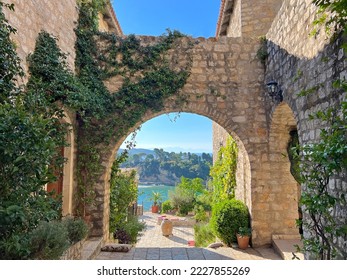 Montenegro ancient arch with sea view in old town Ulcinj at summer.
