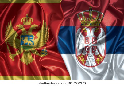 Montenegro And Serbia Two Folded Silk Flags Together.