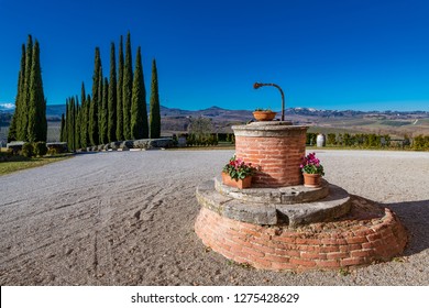 Montepulciano (Siena), Italy, 01.04.2019: Winter Landscape In Tuscany Countryside.