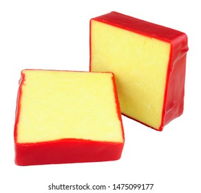 Monterey Jack Cheese Squares With Red Wax Coating Isolated On A White Background