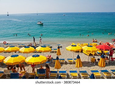 Monterosso, Cinque Terre, Italy. Umbrellas On The Beach