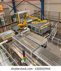 Monterrey, Mexico - September 15, 2018: Fanuc R-2000iC Robot In An Aluminum Beverage Can Manufacturing Plant.