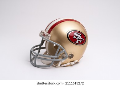 MONTERREY, NL, MEXICO - JANUARY 23, 2022 - San Francisco 49ers NFL team ridell replica helmet on white background.