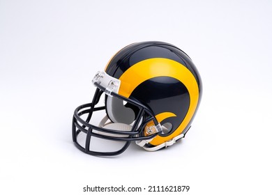 MONTERREY, NL, MEXICO - JANUARY 23, 2022 - Angeles Rams NFL team helmet on white background.