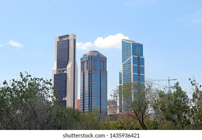 Monterrey, Nuevo Leon, Mexico, 02/03/2018 Corporate Buildings Skyline In Monterrey Mexico And Blue Sky Background  Outdoor Cityscape