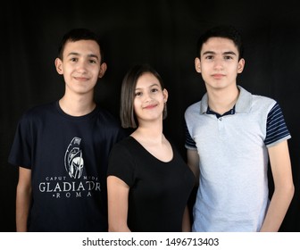 Monterrey Nuevo Leon, Mexico. August 23, 2019. Teenage Triplets Portrait  Photography Session. One Girl And Two Boys