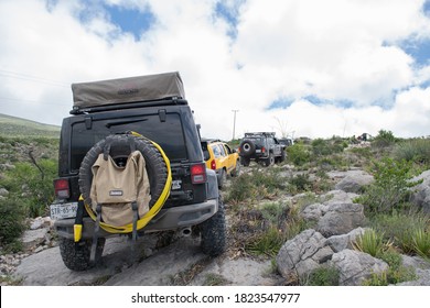 Monterrey Nuevo Leon, Mexico. September 12, 2020.  All Terrain  Jeep Vehicle In A Rural Road. Trash Bag In The Spare Tire.