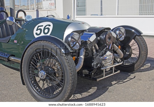 Montesinos, Alicante Province, Valencia, Spain.\
11/05/2017.  Technically a cyclecar this wonderfully eccentric\
classic racing vehicle is a hybrid, as the name implies, of a car\
and a motorcycle.  