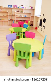 Montessori Kindergarten Preschool Classroom With Table And Chairs