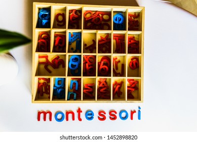 Montessori Method Is An Educational Model, Word Written With Wooden Letters.