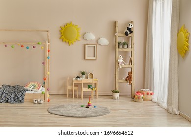 Montessori Young Room, Wooden House Bed Style With Object Decoration.