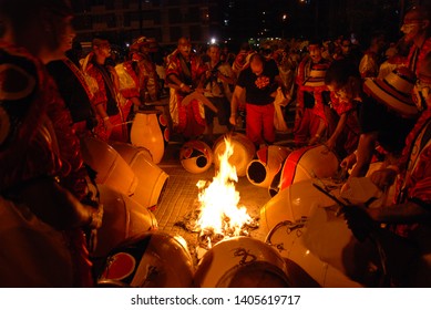 MONTEVIDEO, URUGUAY, JUNE 7 -2017: Carnival Drummers Heating Up The Drums Before The Parade.