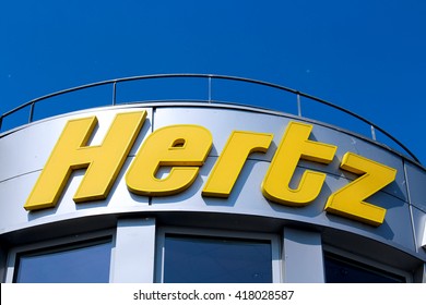 MONTEVRAIN, FRANCE - MAY 8, 2016: Hertz sign. Hertz is a US vehicle leasing. It is the world leader.