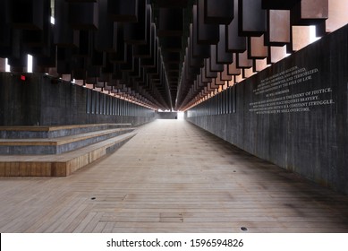 MONTGOMERY, AL, USA - FEBRUARY 4, 2019: A view of The National Memorial for Peace and Justice, a memorial for the victims of lynching in Montgomery, Alabama on February 4, 2019.