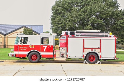 MONTGOMERY, ALABAMA - SEPTEMBER 28, 2018:  Air Force Emergency Response Fire Vehicles:  Air Force Emergency Response Fire Vehicles Parallel Parked On A Military Base.