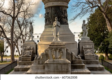 Montgomery, Alabama, USA - March 18, 2017: Alabama Confederate Monument On Capitol Hill In Montgomery, Alabama With Statues Of Confederate Soldiers From The Four Branches Of Military Service.