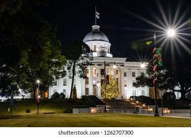 Montgomery, Alabama/USA-December 18, 2018: Alabama State Capital With Illuminated Christmas Tree As Viewed From The Left.