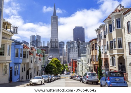 Montgomery St. and Skyline of Downtown areas of San Francisco, CA USA.
