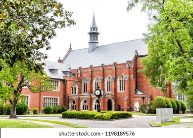 Montgomery, USA - April 21, 2018: Exterior Of Private Liberal Arts Huntingdon College Building In Alabama With Old, Brick, Historic Architecture, Green Park, Clock