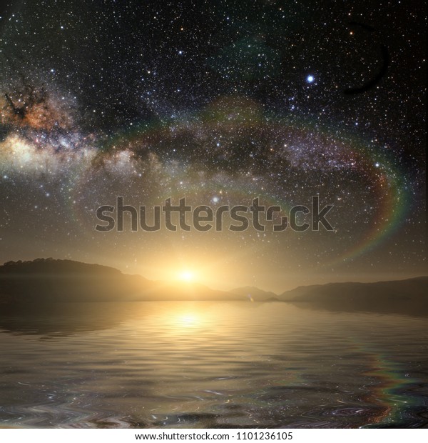 month on a background star sky\
reflected in the sea. Elements of this image furnished by\
NASA