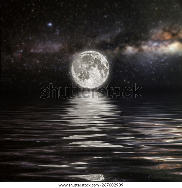 month on a background star sky
reflected in the sea. Elements of this image furnished by
NASA