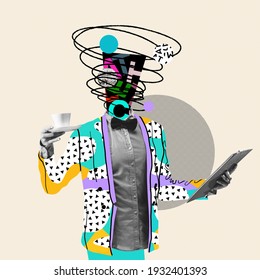 Month report. Comics styled triangled colorful suit. Modern design, contemporary art collage. Inspiration, idea concept, trendy urban magazine style. Negative space to insert your text or ad. - Shutterstock ID 1932401393
