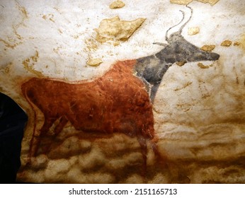 Montignac, Dordogne, France - 04 15 2022 : Lascaux cave, parietal art, reproduction of the red cow on an artificial wall