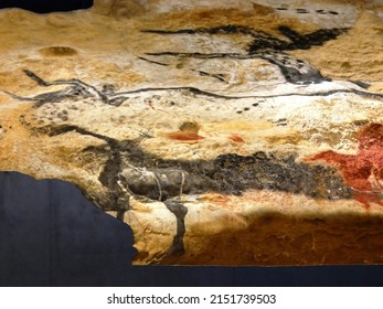 Montignac, Dordogne, France - 04 15 2022 : Lascaux cave, parietal art, reproduction of aurochs design