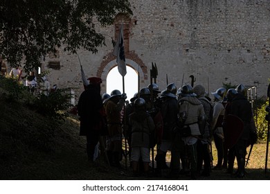 MONTORIO, VERONA, ITALY, 2022: MEDIEVAL FESTIVAL AT THE CASTLE: Medieval Soldier Attack Simulation