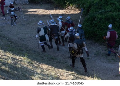 MONTORIO, VERONA, ITALY, 2022: MEDIEVAL FESTIVAL AT THE CASTLE: Medieval Soldier Attack Simulation