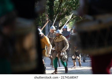 MONTORIO, VERONA, ITALY, 2022: MEDIEVAL FESTIVAL AT THE CASTLE: Medieval Soldier Attack Simulation