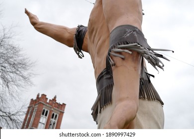 MONTPELIER, INDIANA - NOVEMBER 1, 2020: Miami Indian (sculpture), Muffler Man. Best Known For Its Appearance In The Introductory Montage Of The American Television Program, Parks And Recreation.