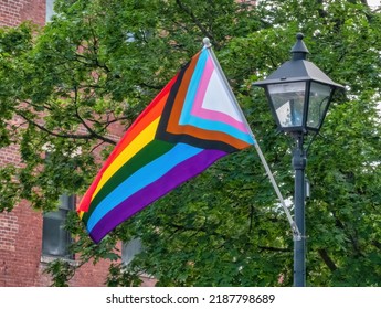 Montpelier, Vermont USA - June 11, 2022: Gay Pride Flag Flying In Gay Pride Month