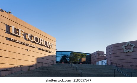 Montpellier, France - 07 12 2022 : Summer Morning Landscape View Of The Entrance To Landmark Le Corum Conference Hall And Opera House With Name And Logo